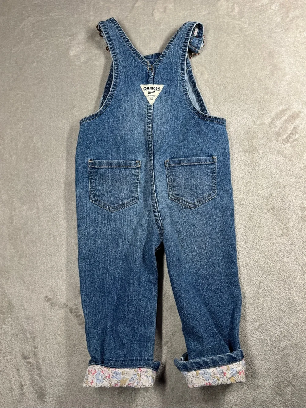 Oshkosh B’Gosh Baby Girl Denim Blue Jean Floral Trim Overalls Size 18 Months